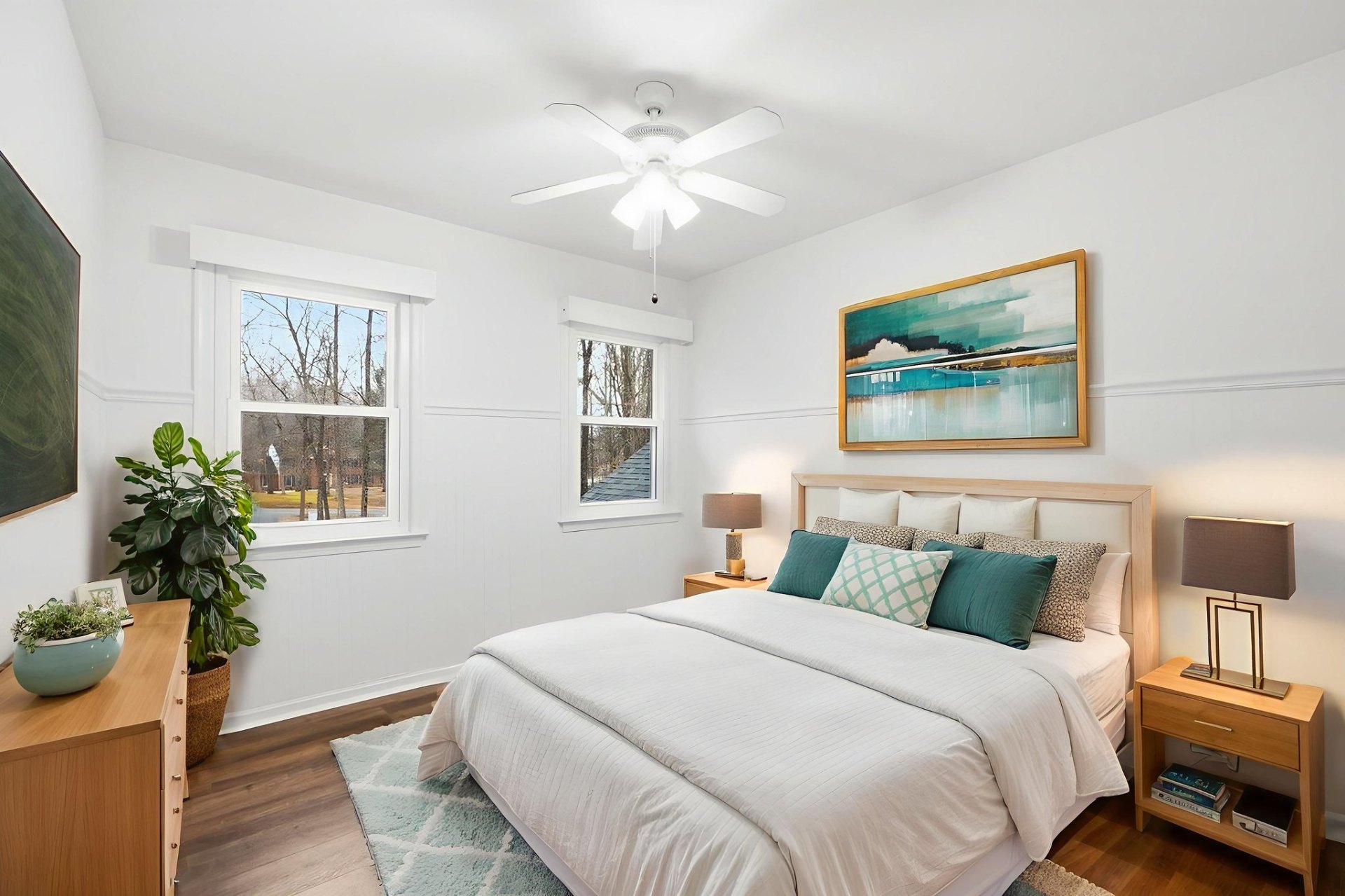 Bedroom – Teal Accents & Wainscoting