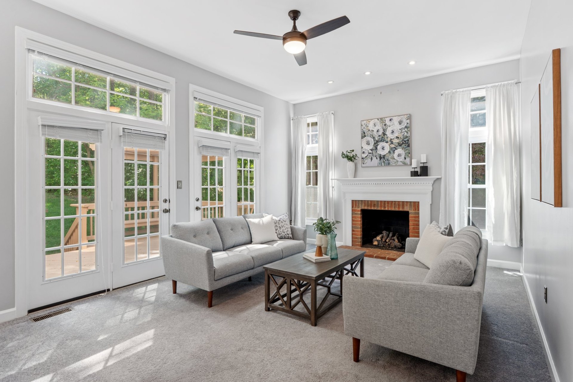 Living Room – Brick Fireplace & French Doors