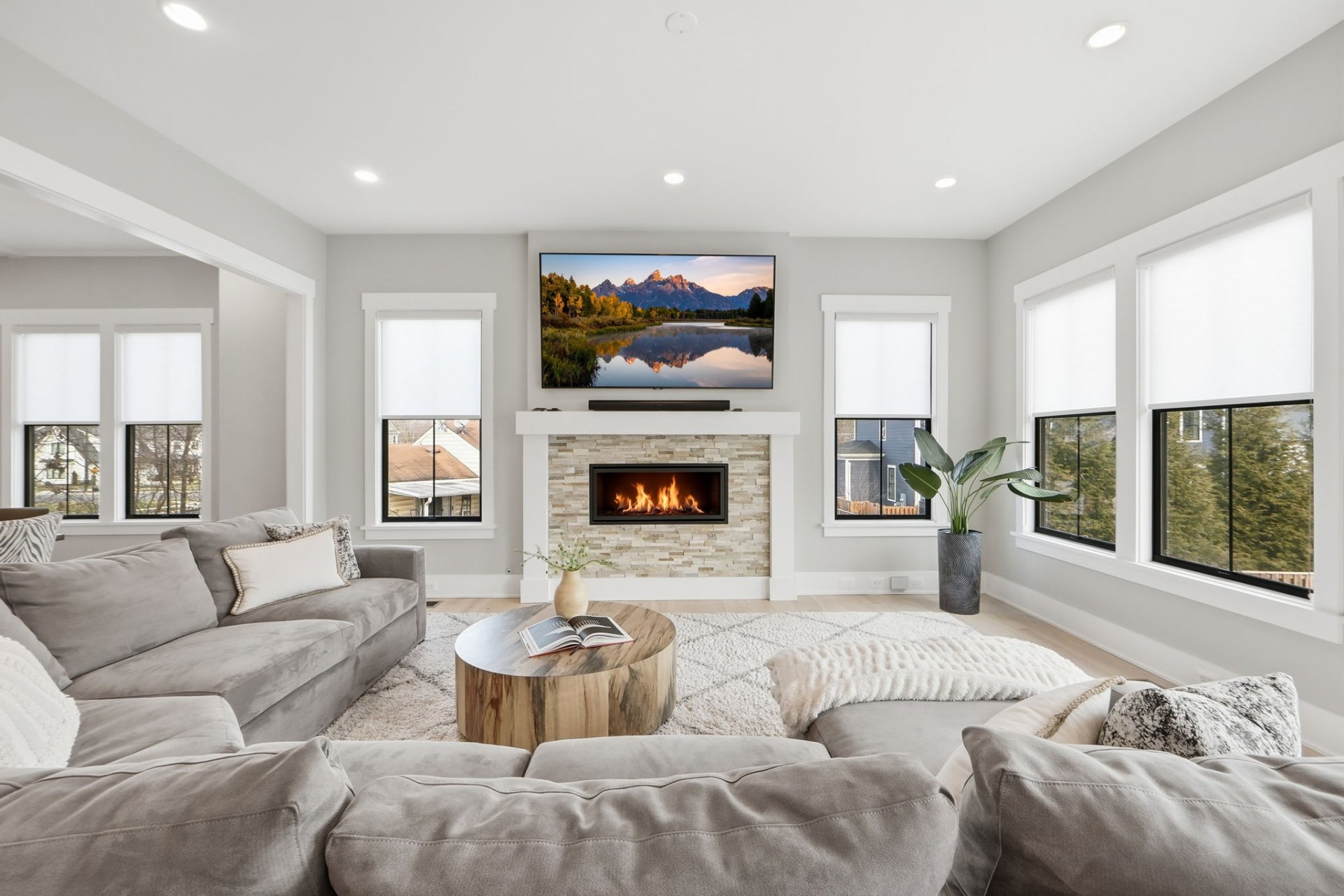 Living Room – Wide Fireplace & Windows